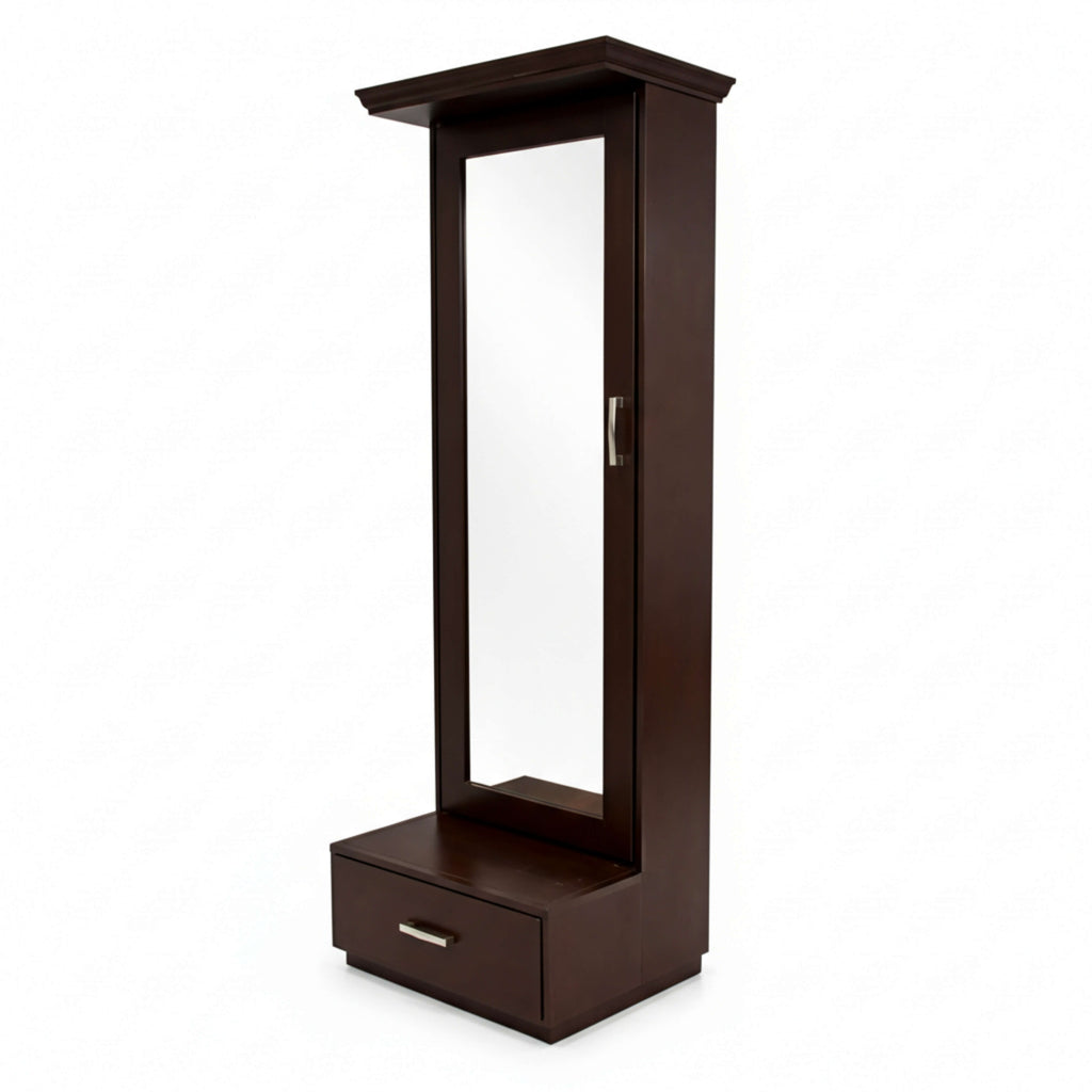 Shell Dressing Table’s sleek profile, shelf alcoves and modern layout are showcased