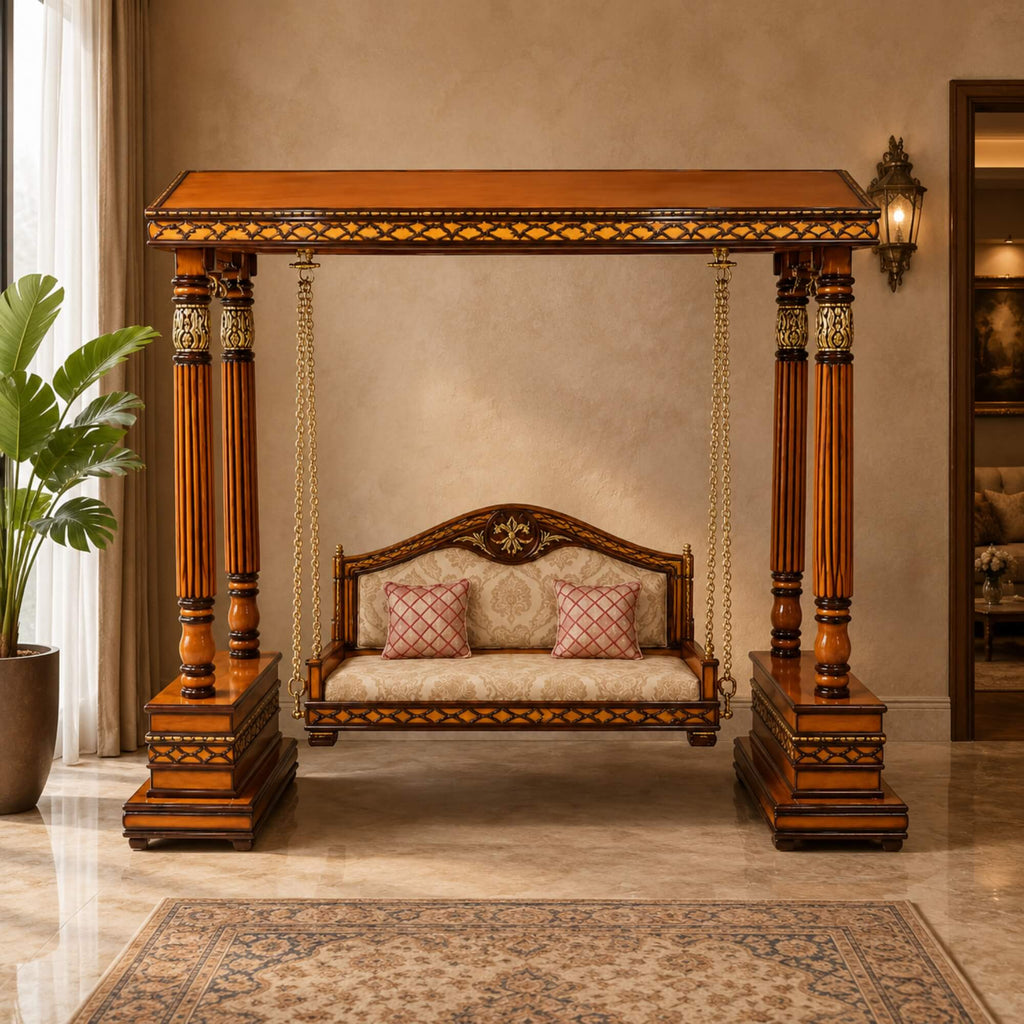 Front view of Traditional antique swing in bedroom setting | qivly:v1:h:620dece17151470e6136c79777291dc3