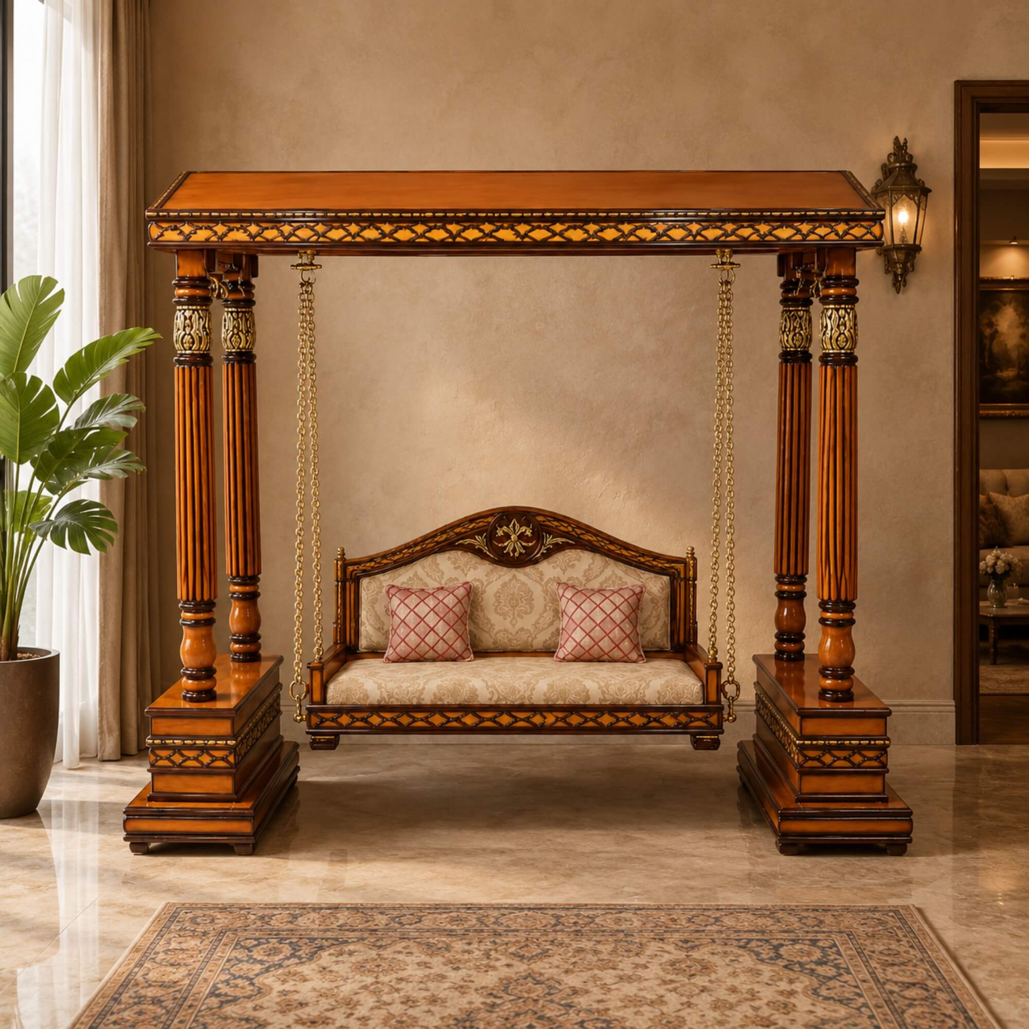 Front view of Traditional antique swing in bedroom setting | qivly:v1:h:620dece17151470e6136c79777291dc3