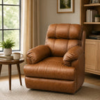 Tan-brown leatherette power recliner in living room | qivly:v1:h:8479fcb1fc379015acee06bc6b5c113b