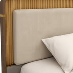 Beige upholstered headboard with a wooden panel on the left