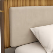 Beige upholstered headboard with a wooden panel on the left