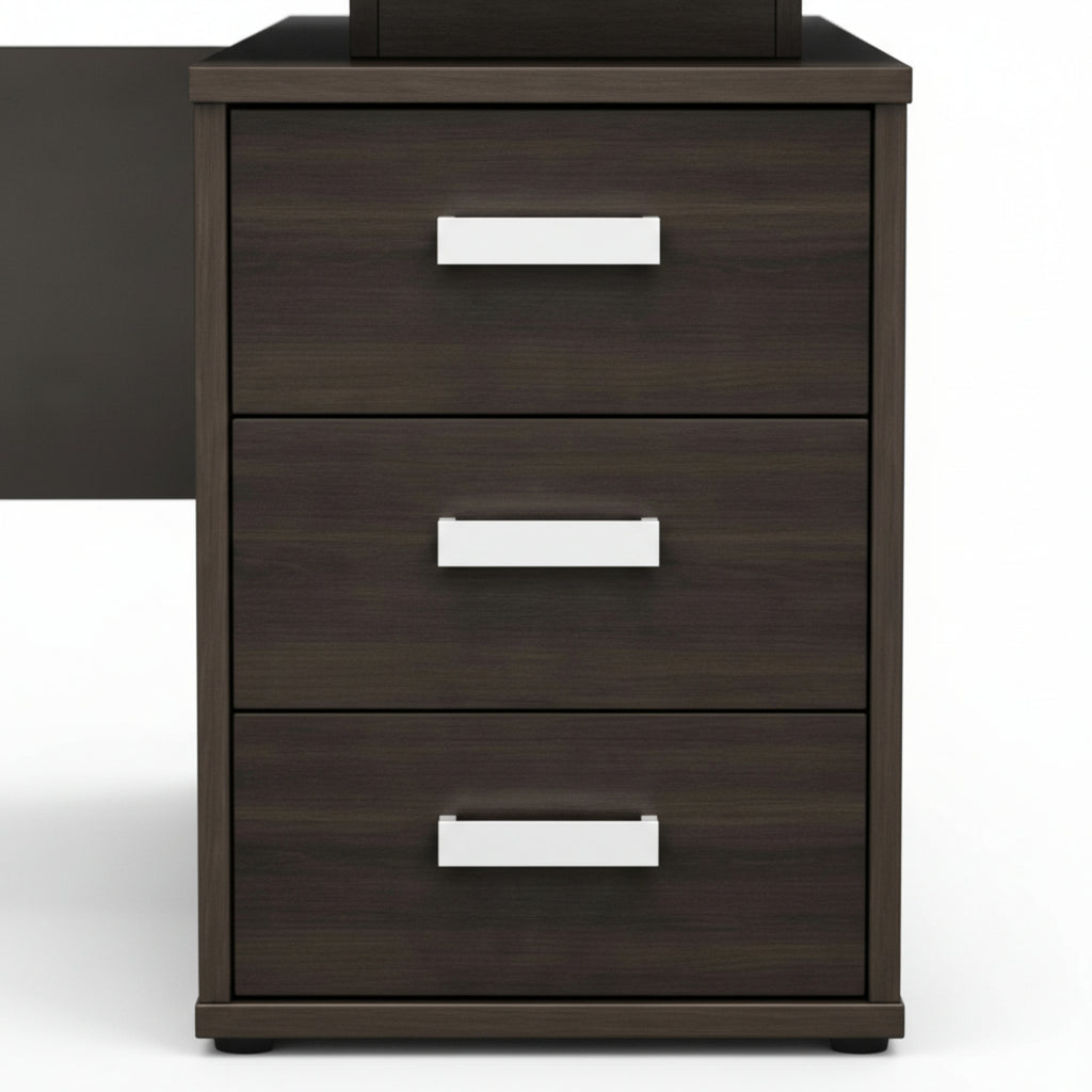 Dark wood desk with three drawers and white handles on a white background