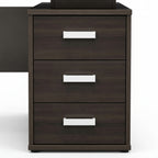 Dark wood desk with three drawers and white handles on a white background