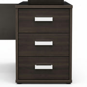Dark wood desk with three drawers and white handles on a white background