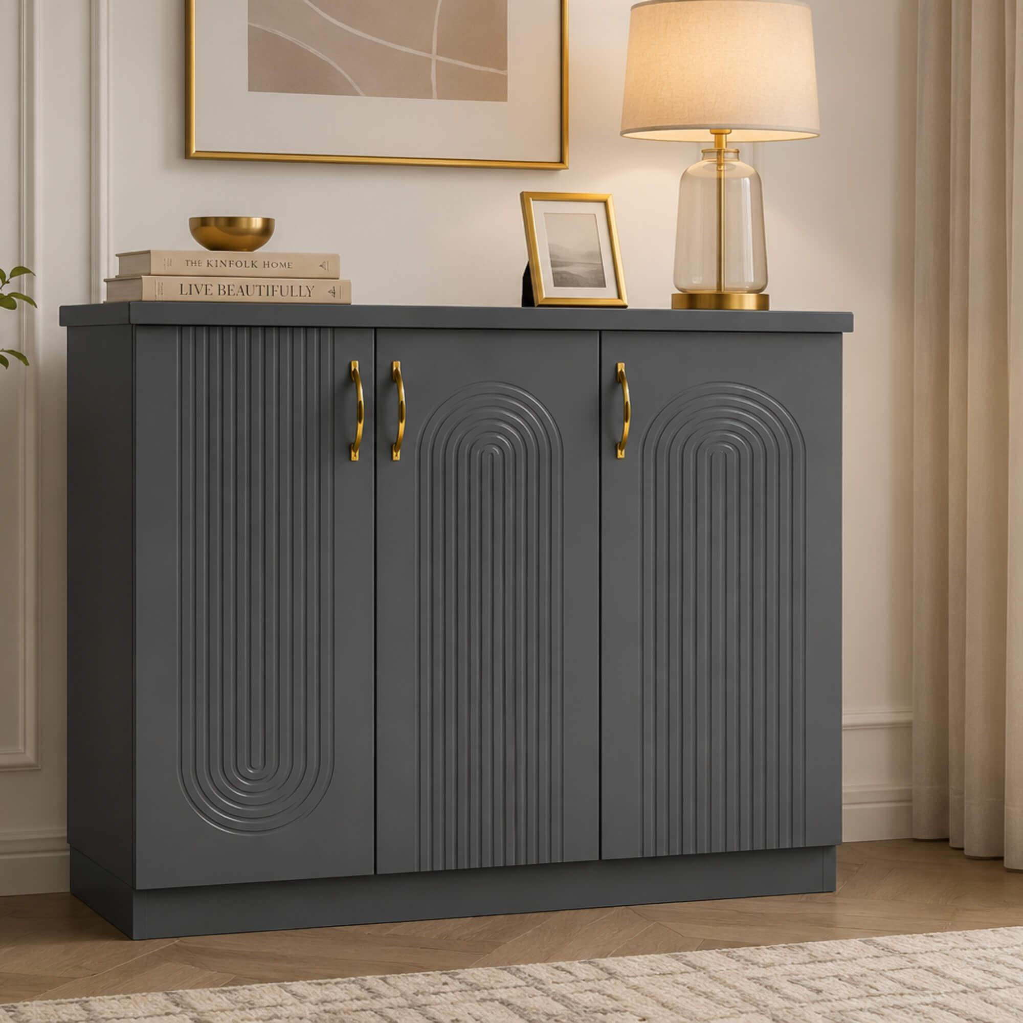 Whirlpool Shoe Rack with 3 Drawers- Shoe Rack with Gold Handles & Concealed Storage