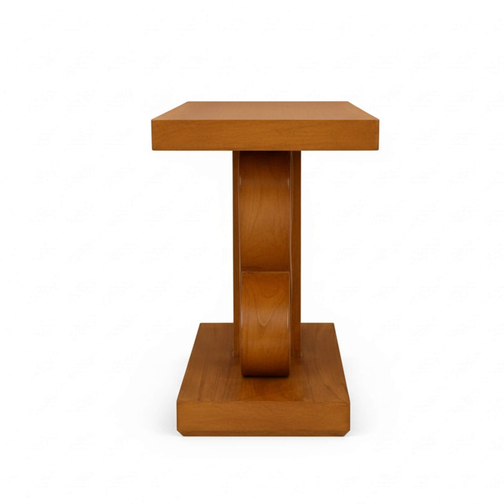 Wooden side table with a cylindrical design on a white background