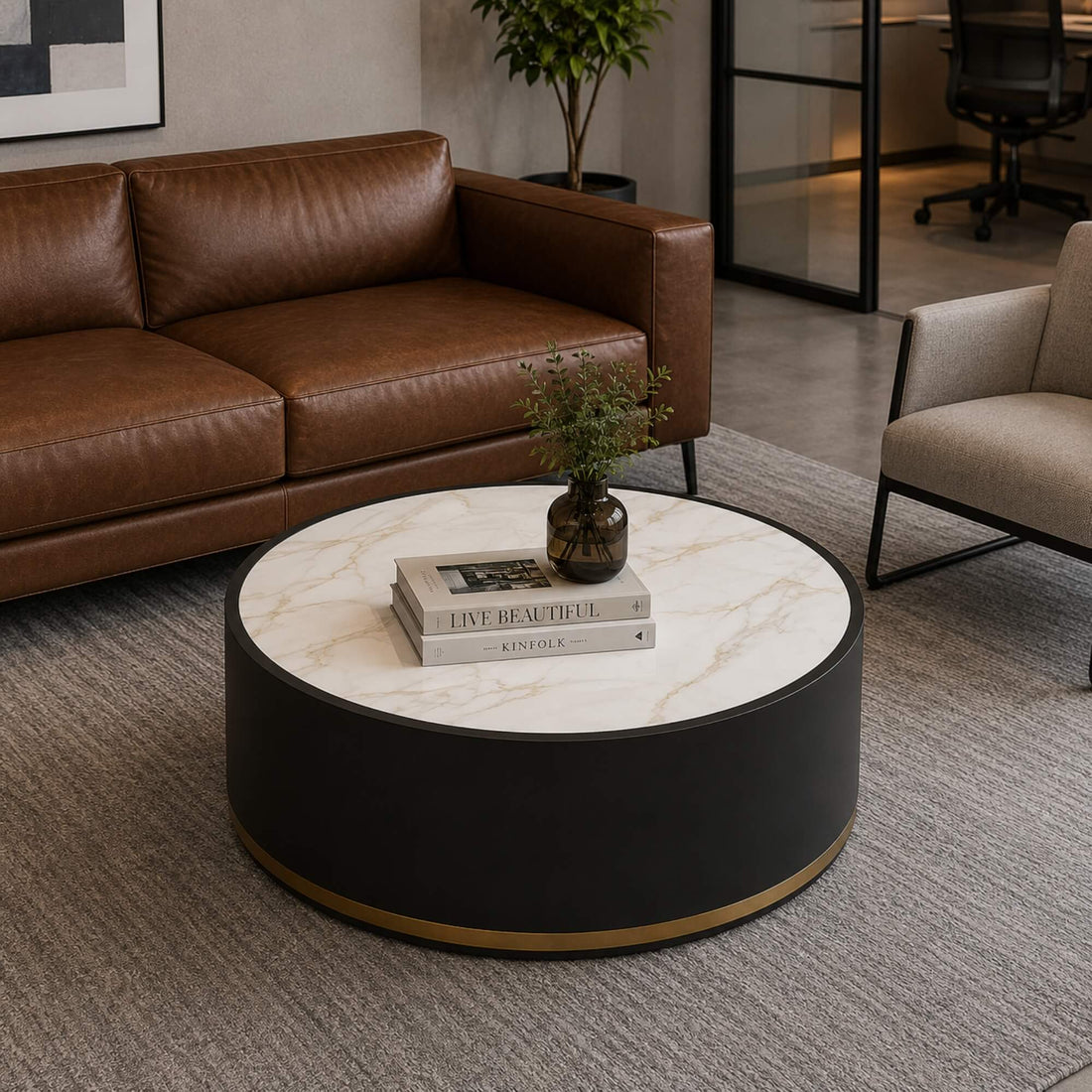 N459E Coffee Table- Modern Round Marble-Top Center Table with Contemporary Elegance