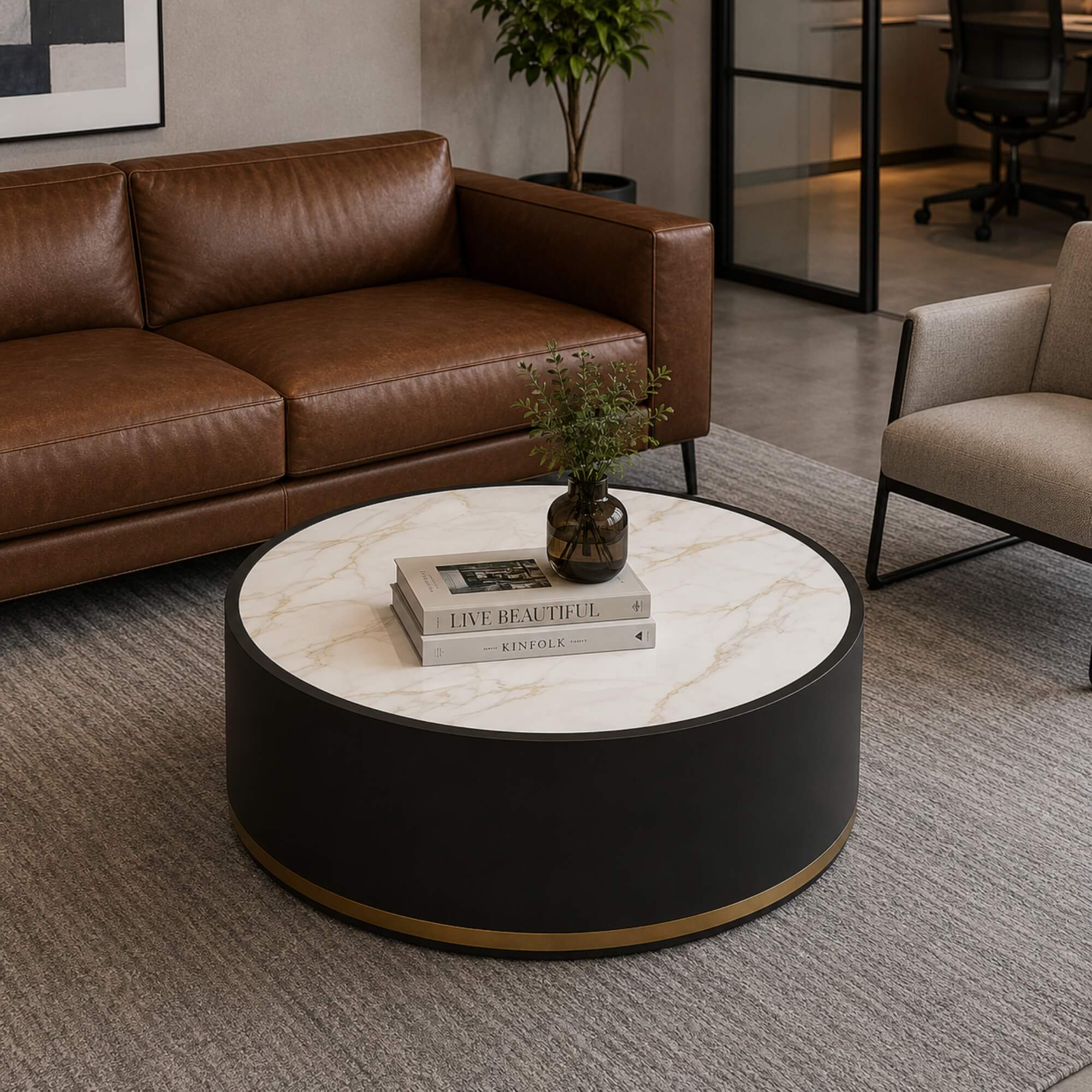 N459E Coffee Table- Modern Round Marble-Top Center Table with Contemporary Elegance