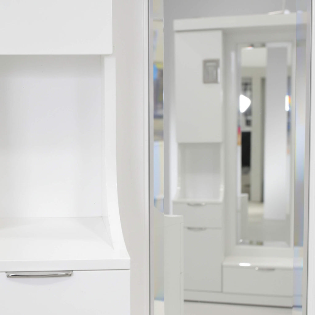 Charm Dressing Table displays a clean interior compartment by showcasing an under-desk storage drawer in a pulled-open format.