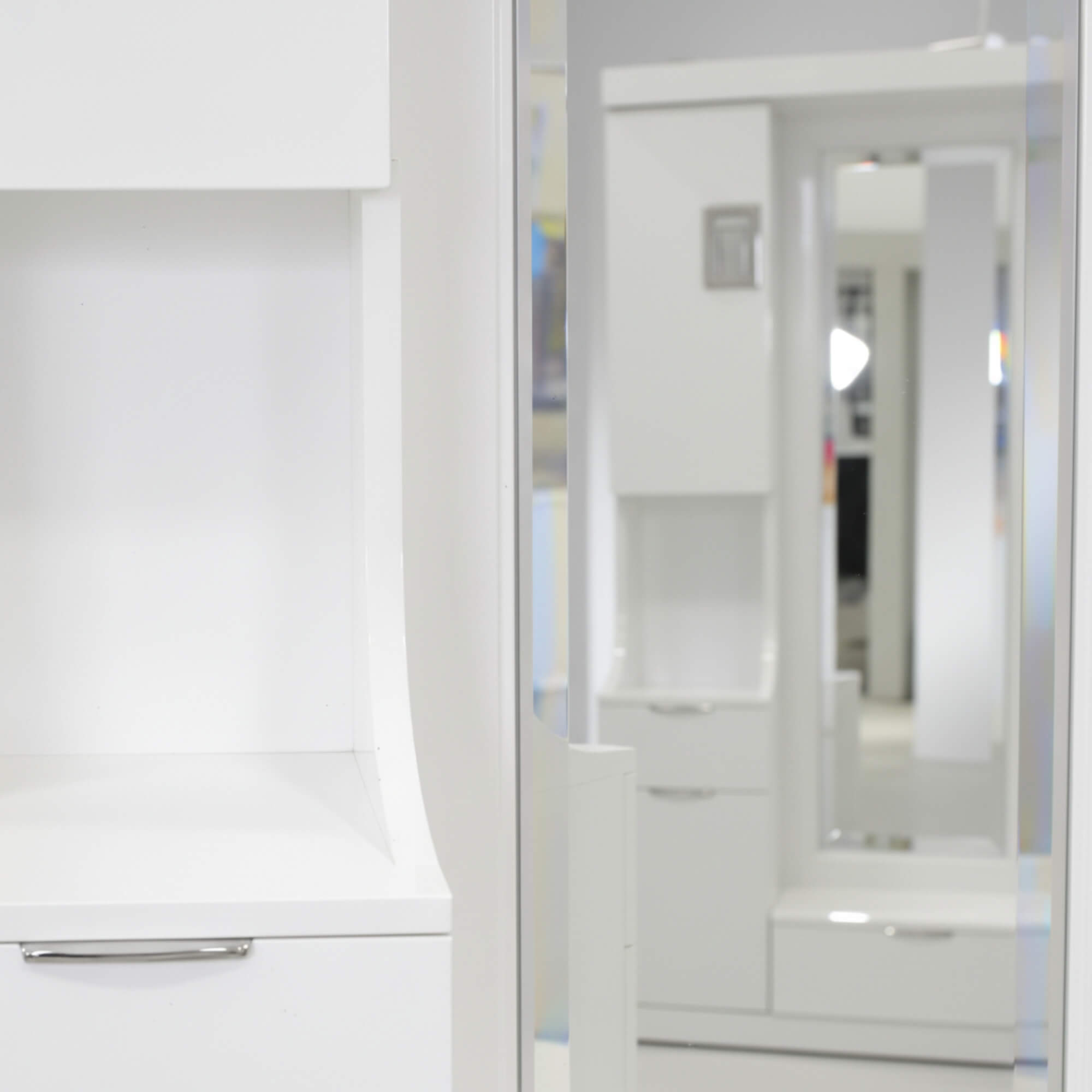 Charm Dressing Table displays a clean interior compartment by showcasing an under-desk storage drawer in a pulled-open format.
