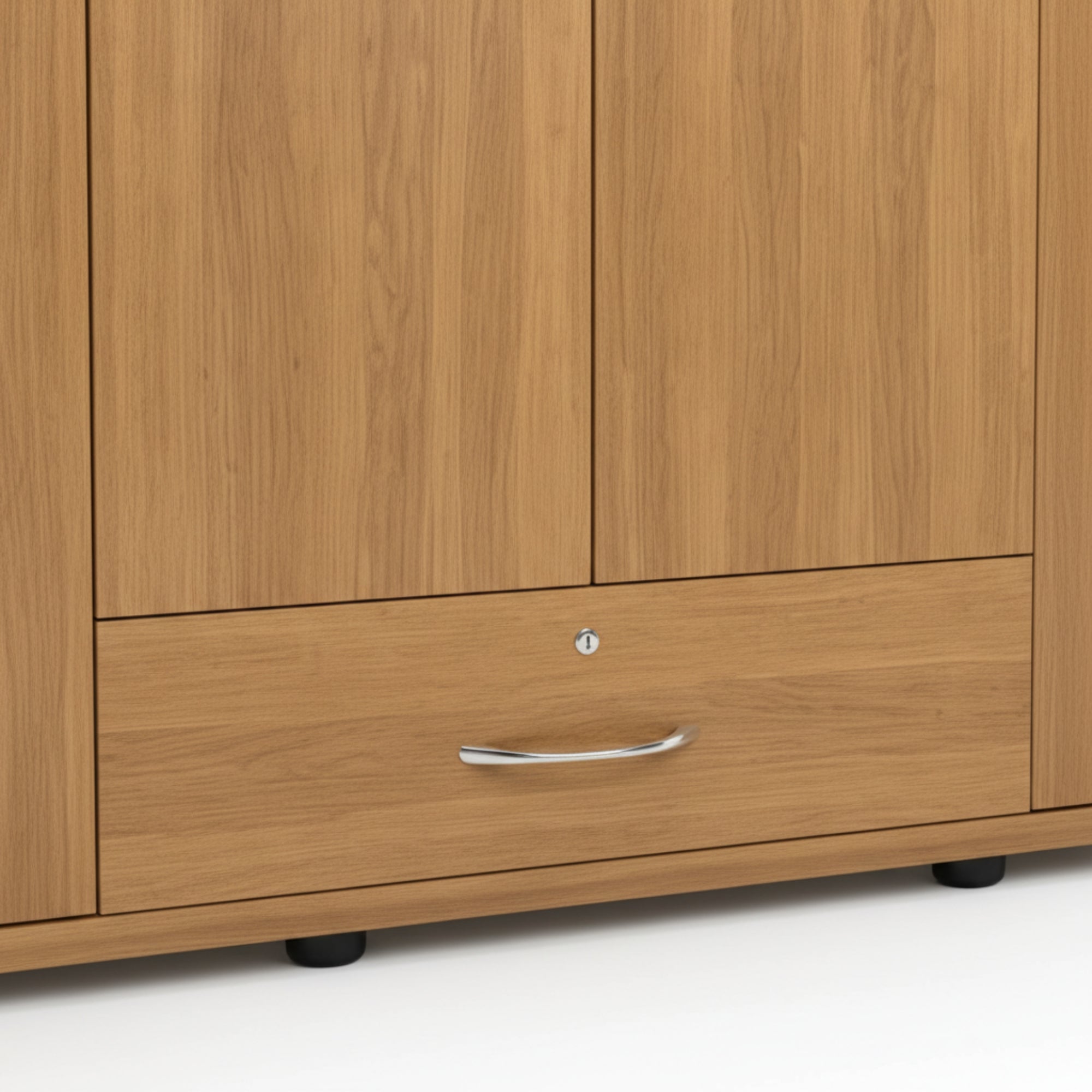 Wooden wardrobe with a drawer and two doors on a white background