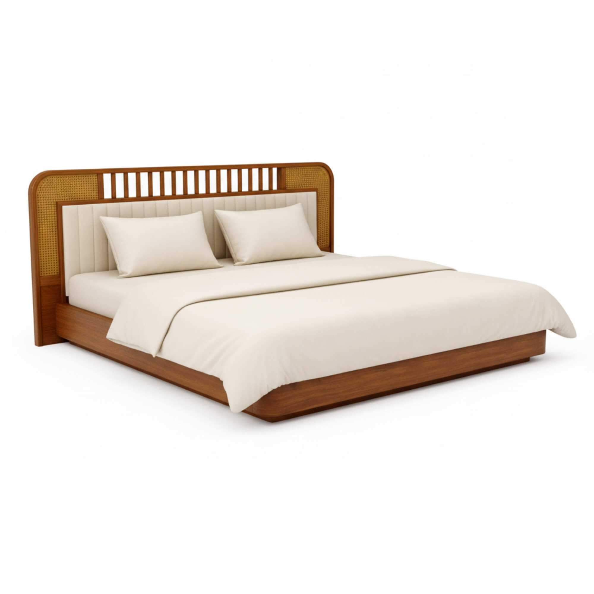 Wooden bed with white bedding on a white background
