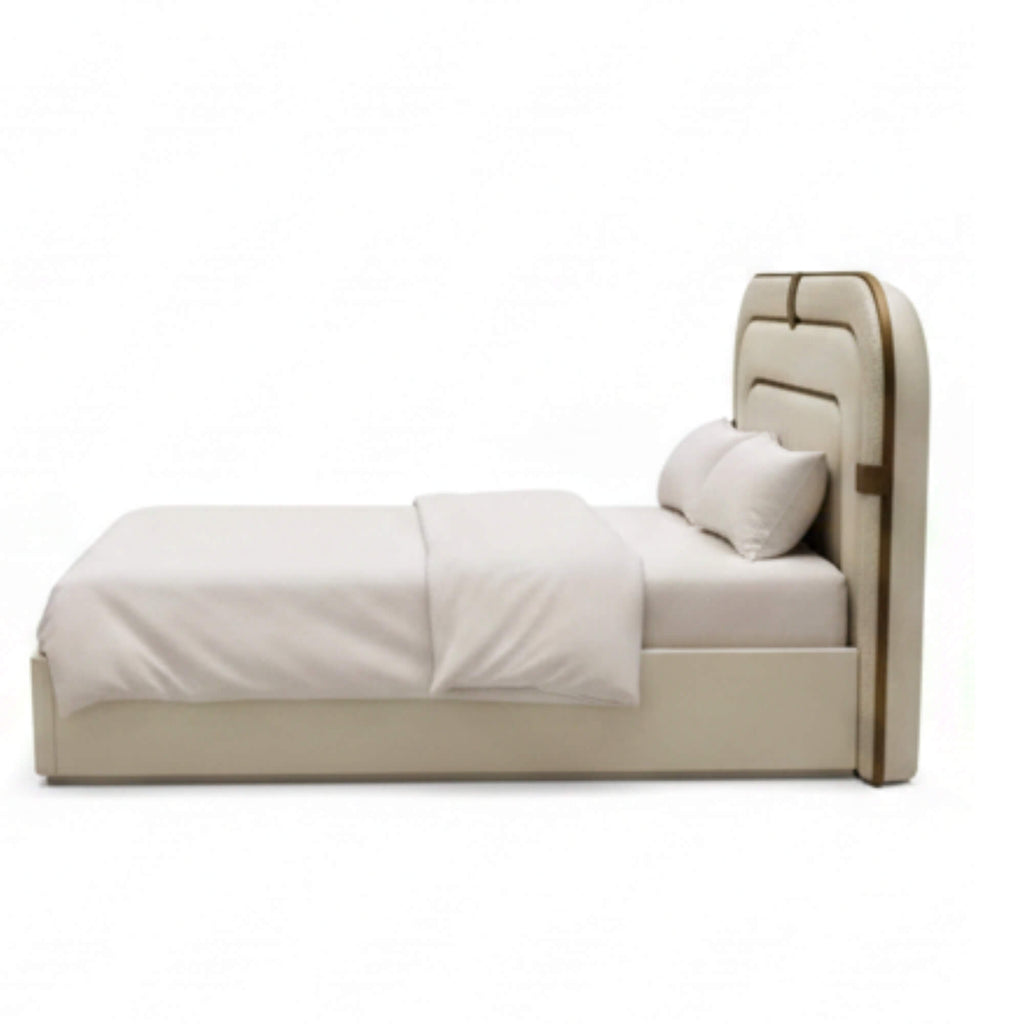 Rustic King Bed With Storage – Upholstered Frame with Statement Layered Headboard