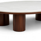 Round coffee table with marble top and wooden legs on a white background