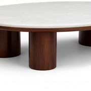 Round coffee table with marble top and wooden legs on a white background