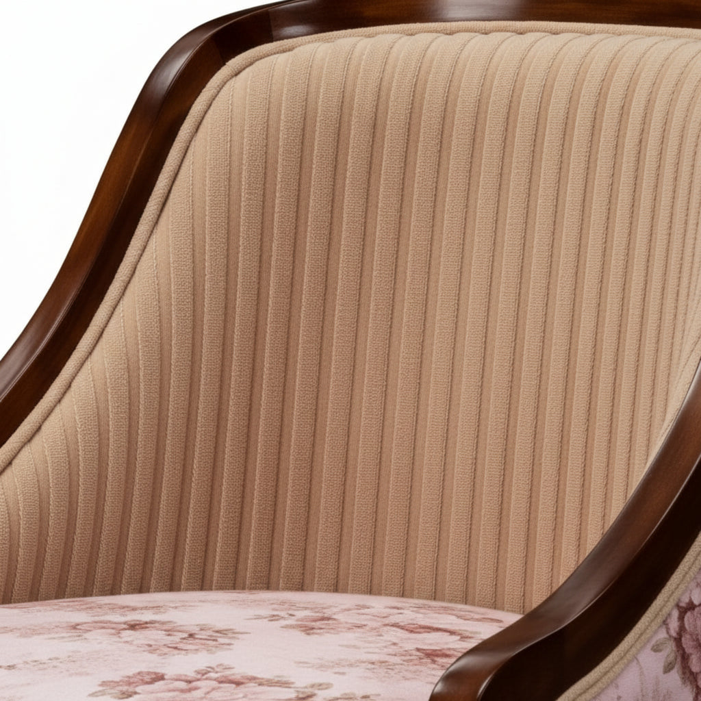 Close-up of a beige textured chair cushion with floral patterned fabric.