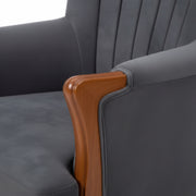 Gray sofa with wooden armrests on a white background
