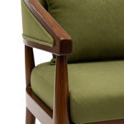 Green cushioned chair with wooden armrests on a white background