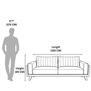 Sofa dimensions shown with a person for scale on a white background