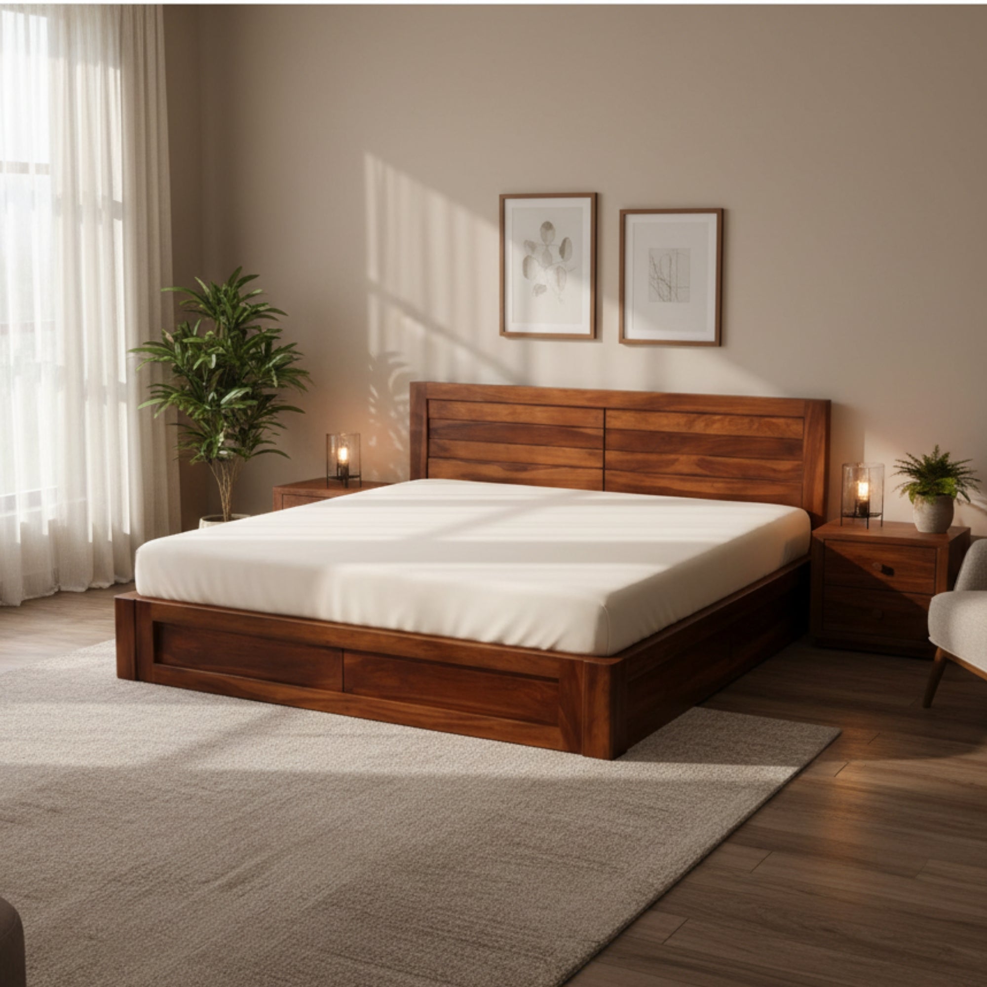 Square King Bed with Pullout Storage- Elegant Walnut Finish with Smart Bedroom Organization