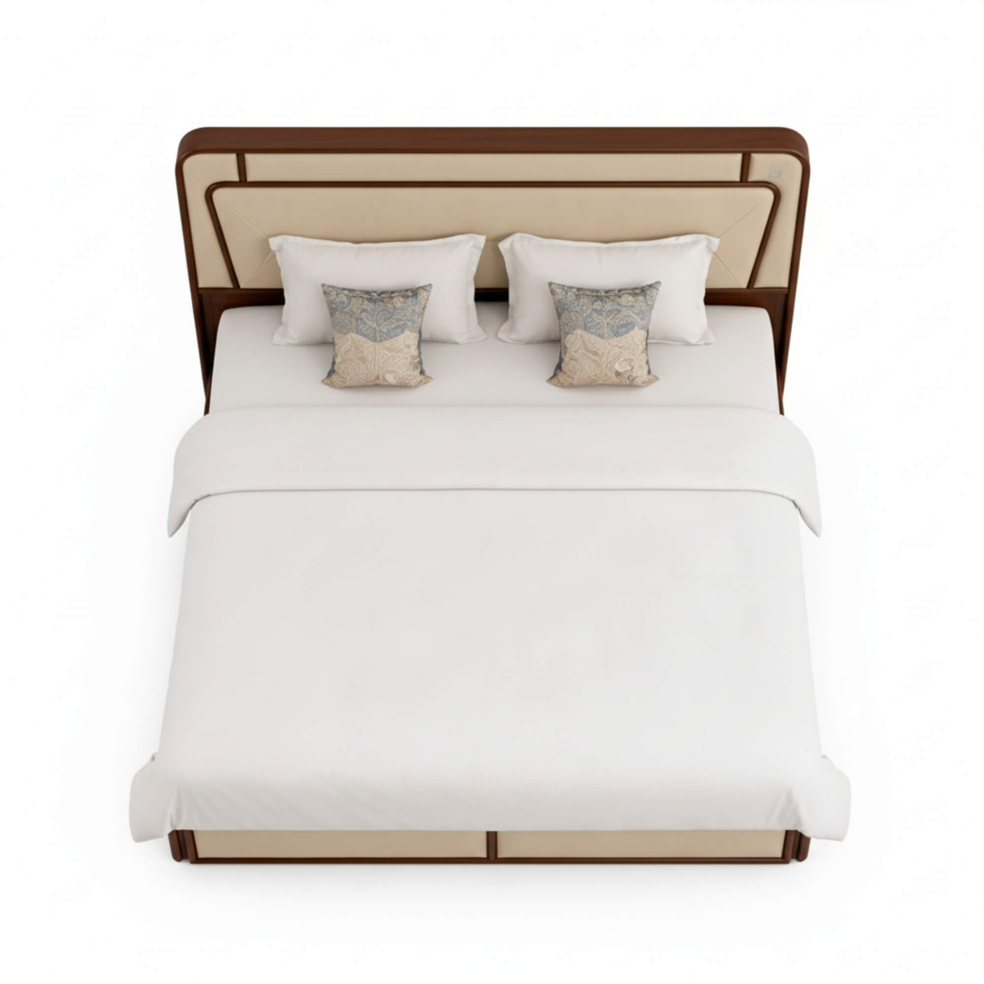 Bed with white bedding and decorative pillows on a white background