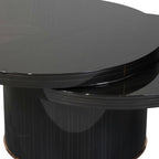 N302A Coffee Table features mechanical swivel overlap and the seamless curved edges connecting the gloss black tiers.