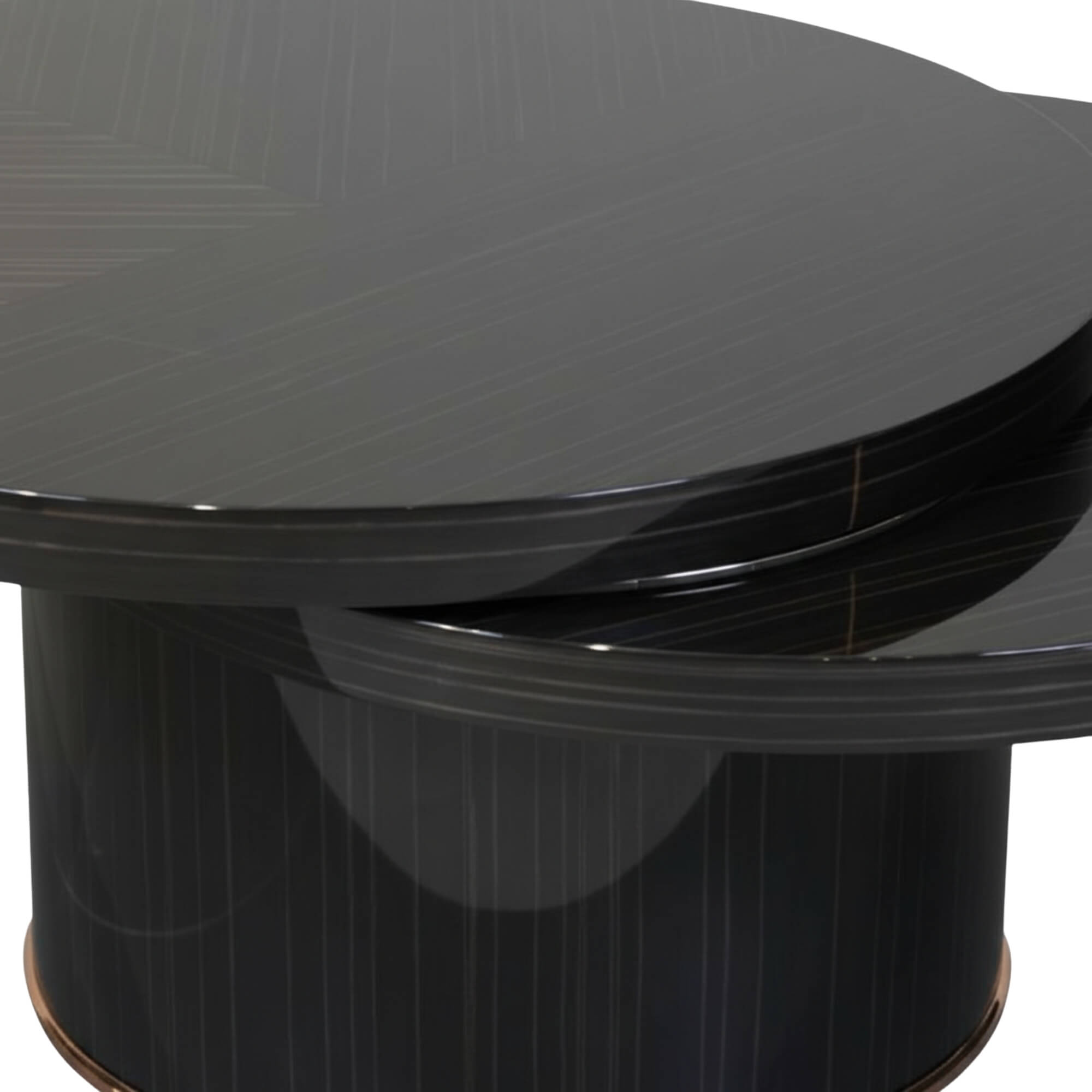 N302A Coffee Table features mechanical swivel overlap and the seamless curved edges connecting the gloss black tiers.