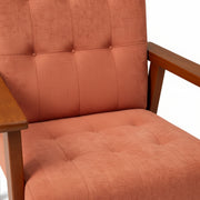Close-up of a brown upholstered chair with wooden armrests on a white background