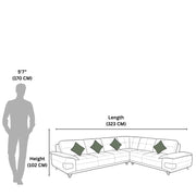 Diagram showing the dimensions of a sectional sofa with a person for scale.