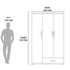 Measurement chart showing a wardrobe with dimensions and a person's silhouette for scale.