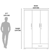 Measurement chart showing a wardrobe with dimensions and a person's silhouette for scale.