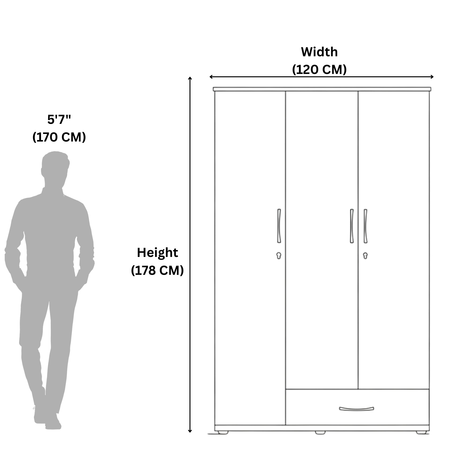 Measurement chart showing a wardrobe with dimensions and a person's silhouette for scale.