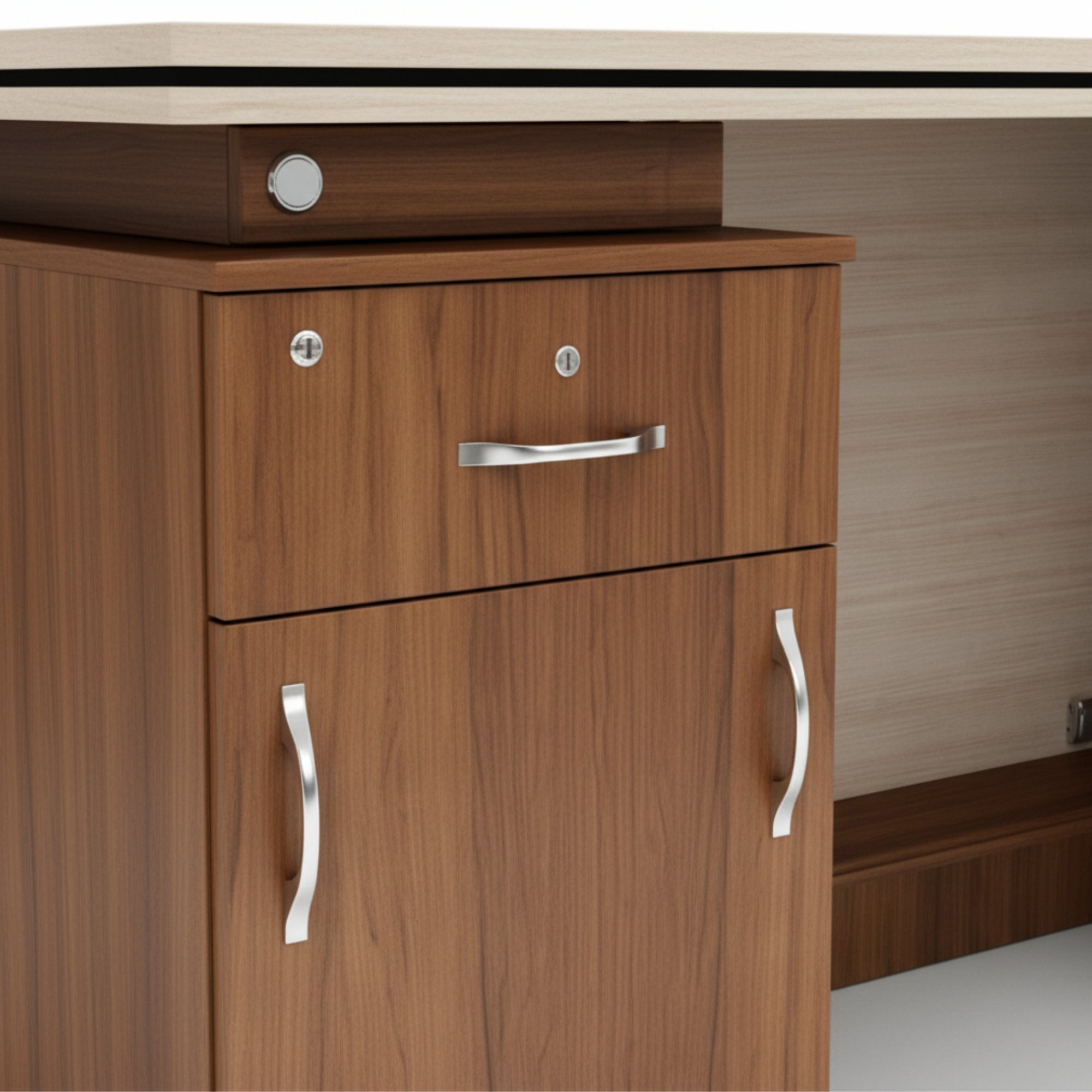 Wooden desk with two drawers and metal handles on a neutral background