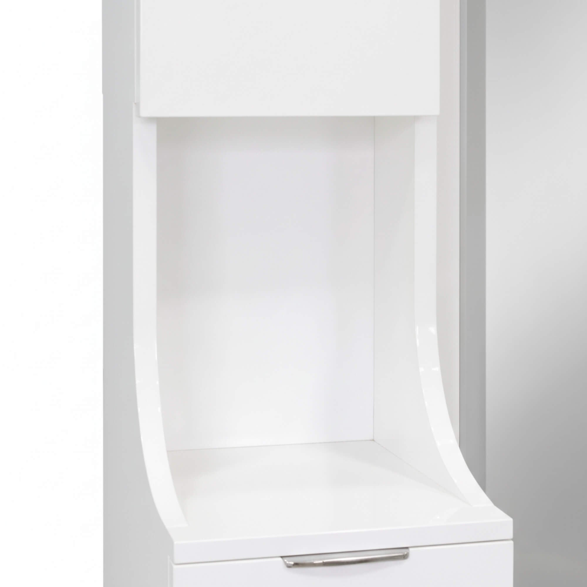 Charm Dressing Table’s sleek attachment point is showcased where the slender white legs connect to the desk frame.