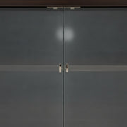 Dark gray glass doors with metallic handles on a dark background