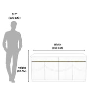 Measurement chart showing a table's dimensions relative to a human figure.