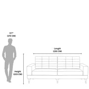 Diagram showing the dimensions of a sofa and a person for scale.