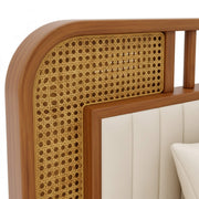 Wooden headboard with wicker detailing and white upholstered panel