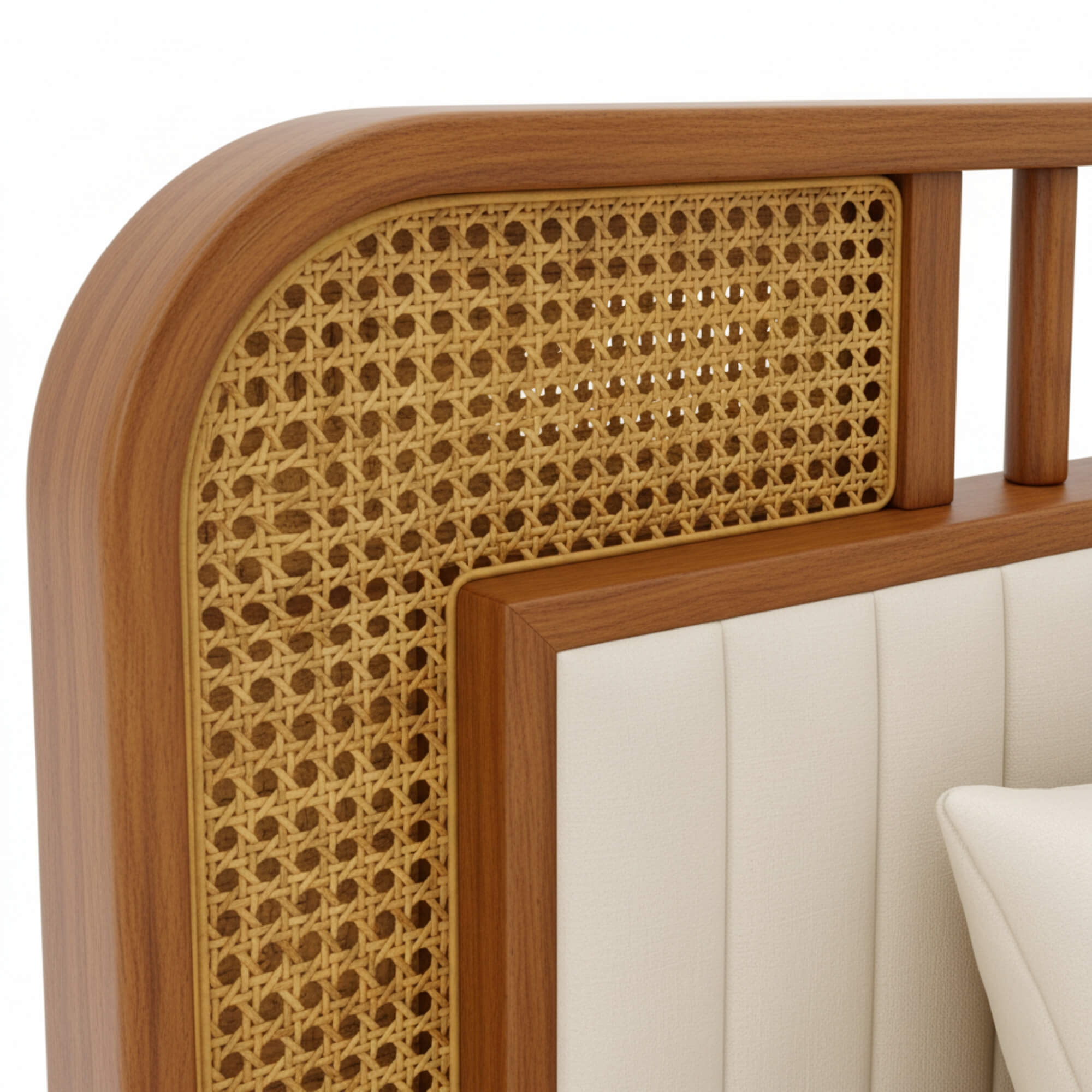 Wooden headboard with wicker detailing and white upholstered panel