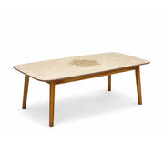 U1 marble top dining table with solid wood legs, angled view