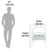 Measurement chart showing a chair's dimensions relative to a human figure.