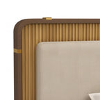 Wooden headboard with beige upholstered panel on a white background