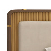 Wooden headboard with beige upholstered panel on a white background