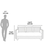 Measurement chart showing a sofa and a person for scale on a white background