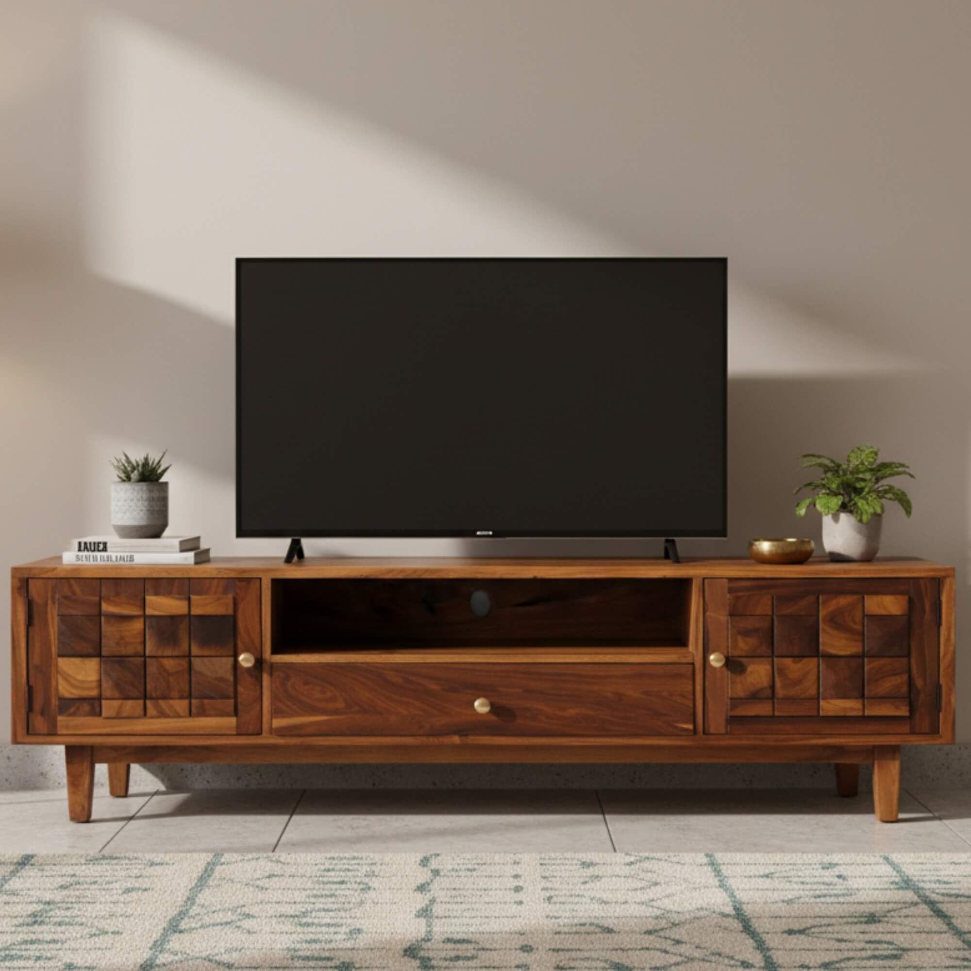 Diamond TV Unit  Solid Wood Entertainment Unit with Storage