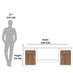 Measurement chart showing a desk with dimensions relative to a human figure.