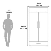 Measurement chart showing a wardrobe's dimensions relative to a human figure.