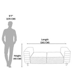 Measurement chart showing a sofa's dimensions with a person for scale on a white background