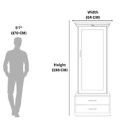 Measurement chart showing a cabinet's dimensions relative to a human figure on a white background.